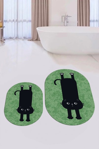 EY HOME Digital Washable Non-Slip Cute Cat Double-Sided Bathroom Rug Mat Oval Toilet Set