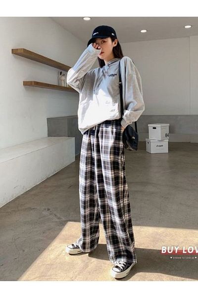 weywot Harajuku ασπρόμαυρο καρό παντελόνι Καλοκαιρινό casual φαρδύ πόδι Κορεάτικη μόδα Φαρδύ ίσιο παντελόνι φούτερ Y2k πάτο
