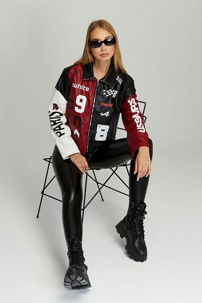 Black Level Colorful Printed Oversize Women's Coat - Zippered Racer Jacket