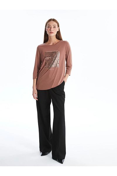 LC Waikiki LCWAIKIKI Damenbluse mit Rundhalsausschnitt, langen Ärmeln und Pailletten