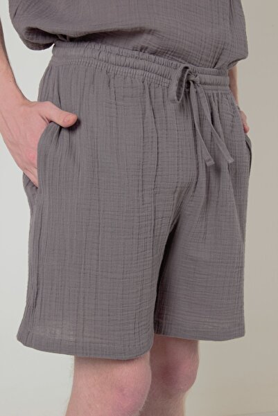 ARİNNASİDE Muslin Men's Casual and Summer Gray Shorts with Elastic Waist and Laces