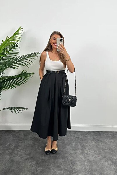 db didem butik Casual Maxi Skirt with Aerobin Fabric and Pocket Detail, Thick Rubber Waist