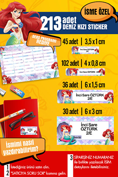 SelisCraft Okul Etiketi MERMAID DENİZ KIZ Temalı Özel İsim Yazılabilen Kalem,...