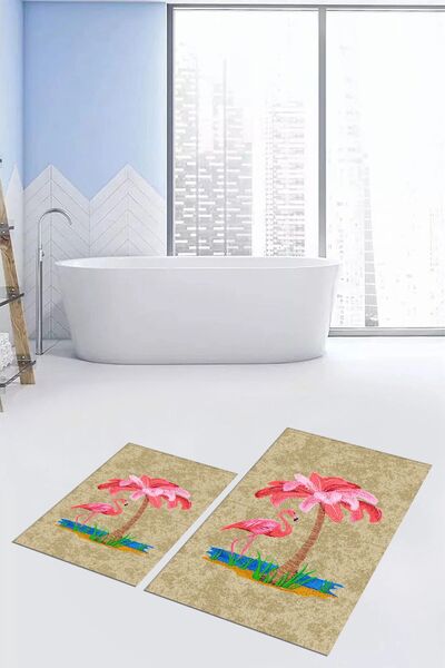 EY HOME Printed Washable Flamingo Patterned Double Bathroom Rug Mat Toilet Set, Toilet-30-Brown,