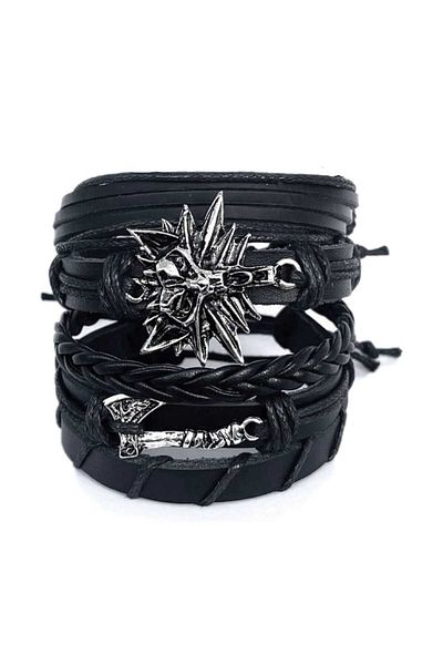 BSN Store Viking Thor Axe and Wolf Figured 5-Piece Genuine Leather Bracelet