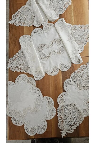 bursa çeyiz Keten Üzerine AğIr Güpür İşleme Lüx Salon Takımı 5 Parça