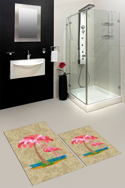 EY HOME Printed Washable Flamingo Patterned Double Bathroom Rug Mat Toilet Set, Toilet-30-Brown,
