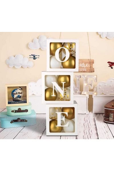 asöy 1 Year Old Birthday One Balloon Box Retro Eucalyptus Chrome Gold Pastel White Balloon Chain Set