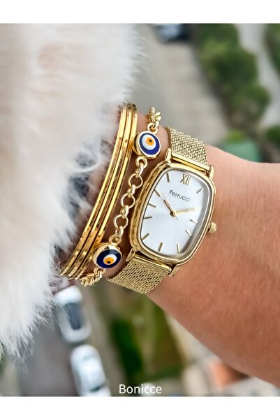 Ferrucci Sarı Renk Hasır Çelik Kordon,kadın Kol Saati Nazar Boncuklu Bileklik