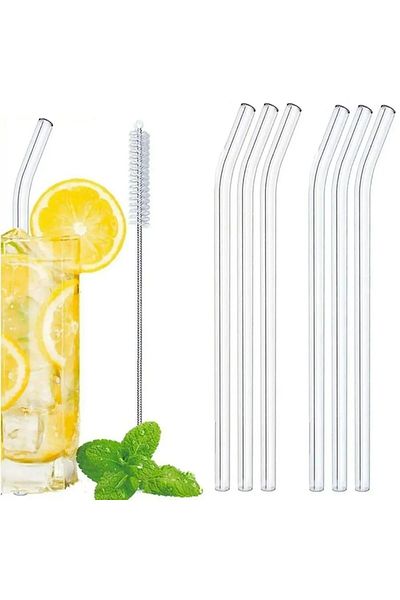 POINTTECH 1st Quality Transparent 6-Piece Glass Inclined Straws - Cleaning Brush 1 Piece