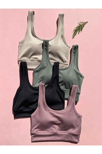 LEYNA BUTİK Women's 4 Pieces Corded Fabric Thick Strap Padded Blouse-Half Undershirt (Plum-Black-Green-Taşgri)