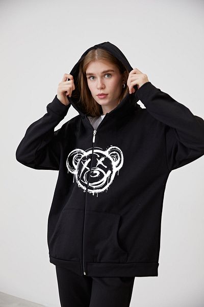 OFFSIDESIGN Unisex ζακέτα με σχέδιο μαύρη αρκούδα - φερμουάρ και κουκούλα