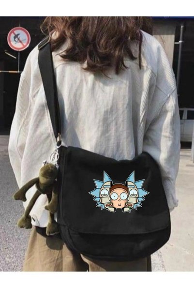 weywot Siyah Rick and Morty Maske Baskılı Unisex Askılı Postacı Çanta