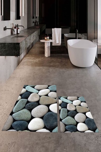 EY HOME 3D Colorful Stone Pattern Washable Non-Slip Wipeable Double-Sided Bathroom Carpet Mat Toilet Set