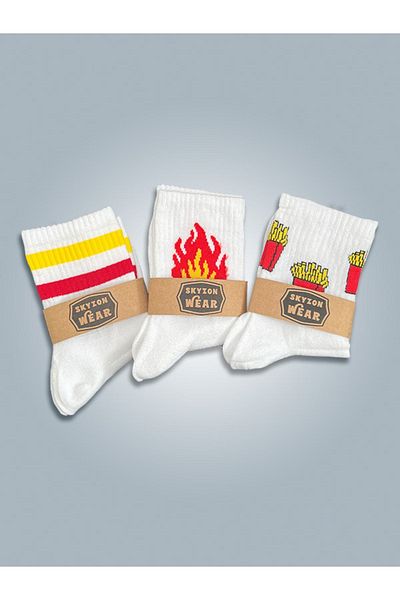 TRENDBOUTİQE Yellow Red Patterned Long College Socks 3-Piece
