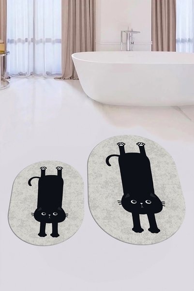 EY HOME Digital Printed Washable Non-Slip Cute Cat Double-Sided Bathroom Rug Mat Oval Toilet Set