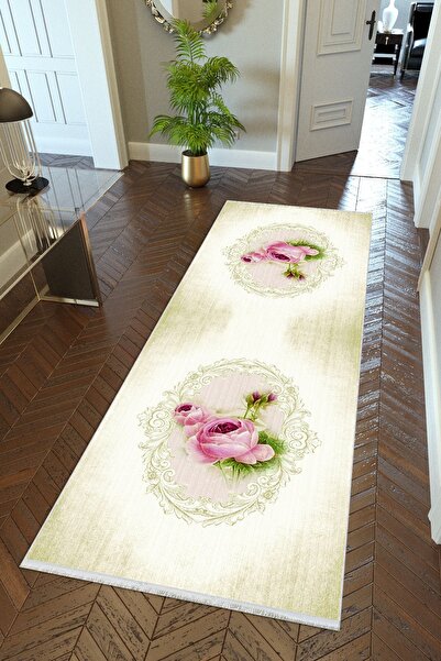 10 Post Online Green Beige Rose Themed Non-Slip Thin Digital Printed Runner Carpet - Washable Cutting