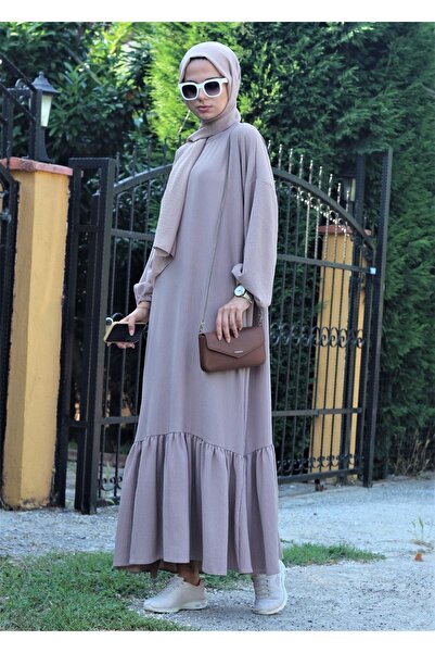 GABRA Vizon Renk Ayrobin Kumaş Yazlık Eteği Fırfırlı Büyük Beden Elbise Ferace