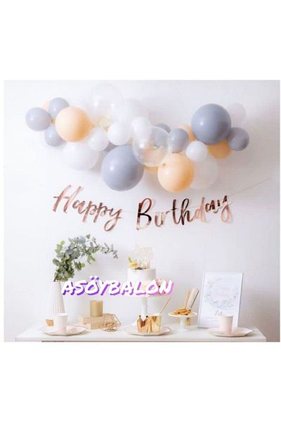 asöy Macaron Salmon Balloon Happy Birthday Rosegold Banner Pastel White Balloon Pastel Gray Balloon Chain