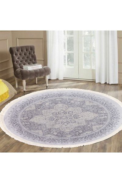In House Velvet Turkish Round Decorative Carpet -Grey - 120x120 cm