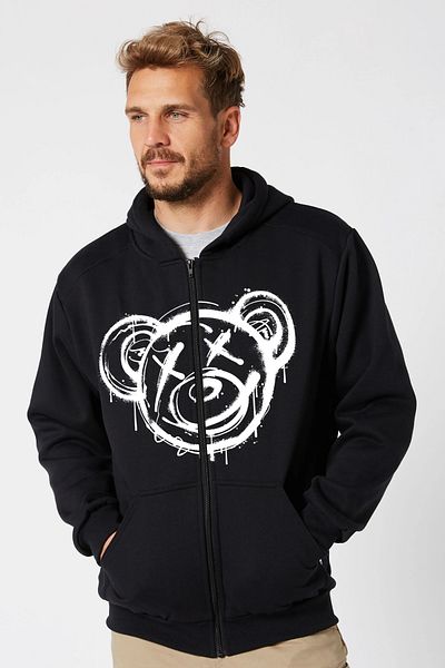 OFFSIDESIGN Unisex ζακέτα με σχέδιο μαύρη αρκούδα - φερμουάρ και κουκούλα