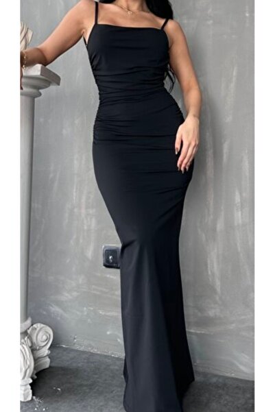 elegante moda SIRT DEKOLTELİ BÜZGÜ DETAY ELBİSE