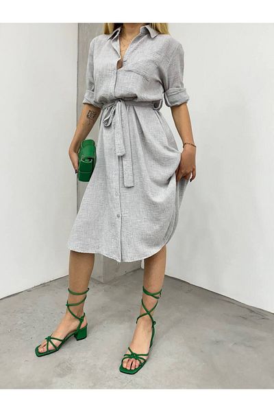 Fav Style Grey Linen Midi Shirt Dress - Long Sleeve and Belted