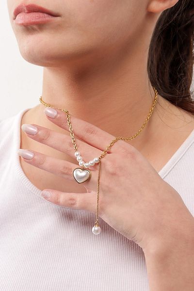 Pikas Heart Pearl Ring Chain Necklace, Non-Tarnish Steel Necklace 45 cm