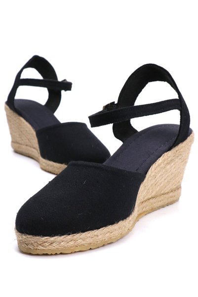 OZ AYAKKABI Real Handmade Black Women's Wedge Heel Espadrille Handmade
