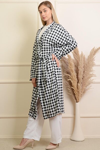 PİNKMARK Women's Black and White Checkered Hijab Kimono Trousers Set Pmtk25447