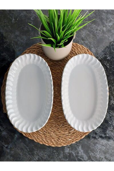 Genel Markalar Deniz 2’li Seramik Kayık Tabak Seti, Sunum, Salata Tabağı - Beyaz 25x15x4cm