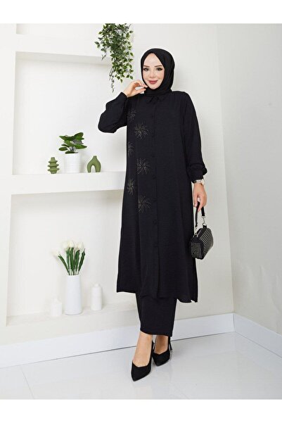 asyadabutik طقم مكون من قطعتين من Aerobin مقاس كبير - تونيك وقميص مزين بالترت...