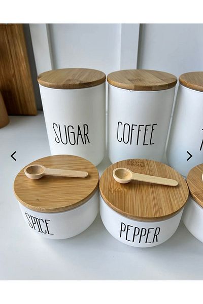 Kitchen Pembelia 3-Piece Bamboo Lid Tea Coffee Sugar Jar and 3-Piece Glass Salt/Pepper/Spice Jar with Bamboo Lid Set