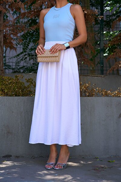 LOOSH Kadın Ekru Yüksek Bel Volanlı Keten Görünümlü Etek