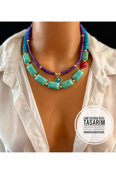 Limi Design Charm Necklace with Acrylic Beads and Mother of Pearl Beads - Mussel Design, Handmade with Accessories