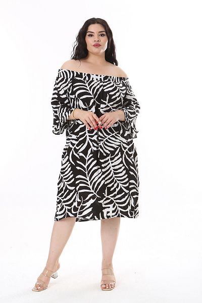 Şans Plus Size BlacK Viscose Dress - Elastic NecKline and Short Sleeves 65n38173