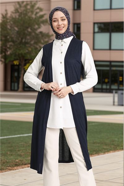 RESPİRO Navy Blue Long Flowing Soft Vest - Simple Mother Vest