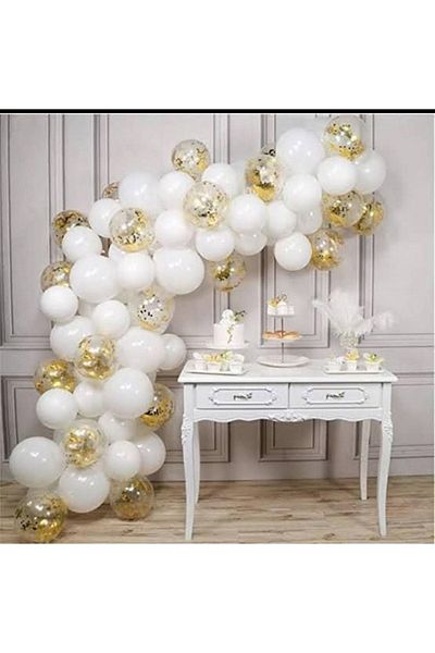 asöy Pastel White Balloon Gold Sequin Balloon Chain Set