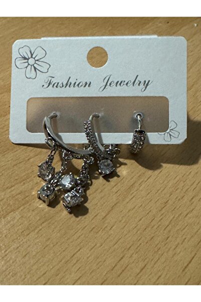 misstakıjewerly ÇELİK GÜMÜŞ RENK ÜÇLÜ SHAKİRA KÜPE SETİ