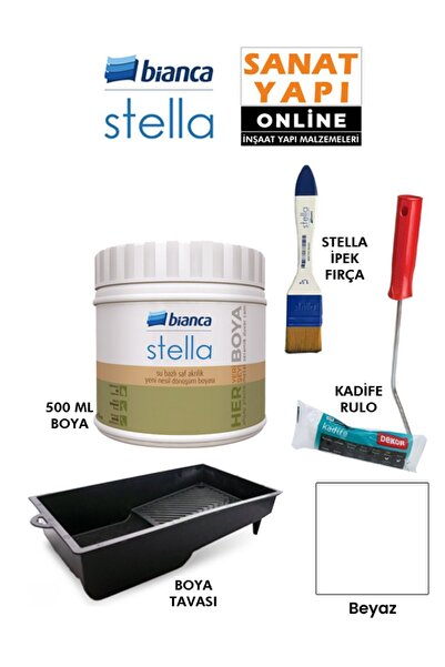 Bianca Stella Boya 4 Parçalı Set ( 500 Ml Boya - Boya Tavası- Stella İpek Fırça - Kadife Rulo )