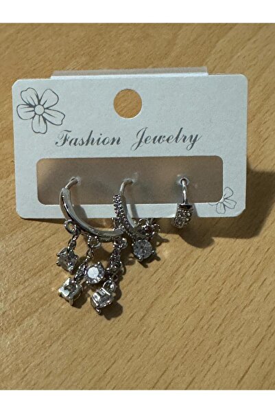 misstakıjewerly ÇELİK GÜMÜŞ RENK ÜÇLÜ SHAKİRA KÜPE SETİ