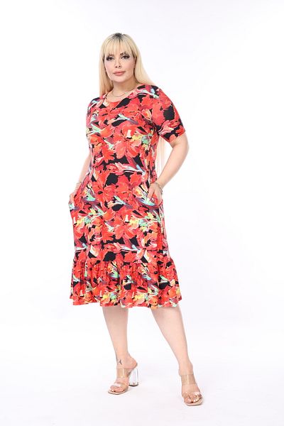 MJORA Plus Size Red Patterned Ruffle Skirted Dress with Pockets