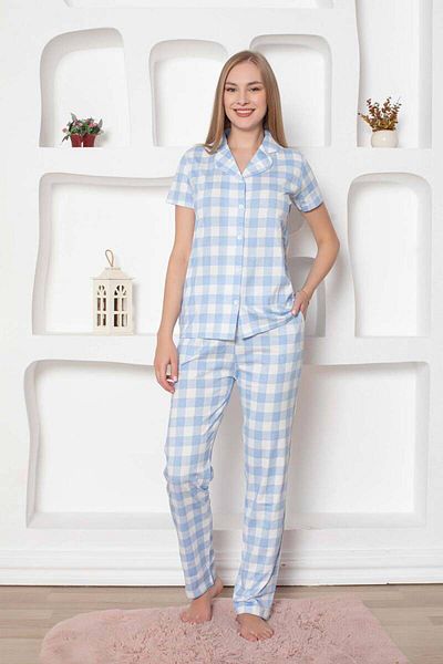 Farya Home Set exclusiv de pijamale din cămașă din bumbac cu mânecă scurtă - nasturi în față