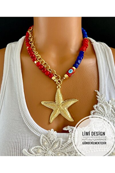 Limi Design Cam Boncuk ,mercan Taşı Gold Deniz Yıldızı Aksesuarlı El Yapımı K...