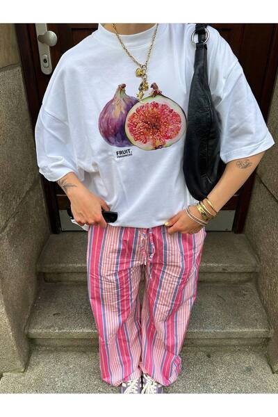 Bengi Clothing تي شيرت قطني أبيض كبير الحجم - كم قصير، مطبوع