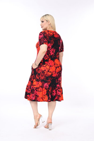 MJORA Plus Size Poppy Print Frilly Skirt and Pocket Dress