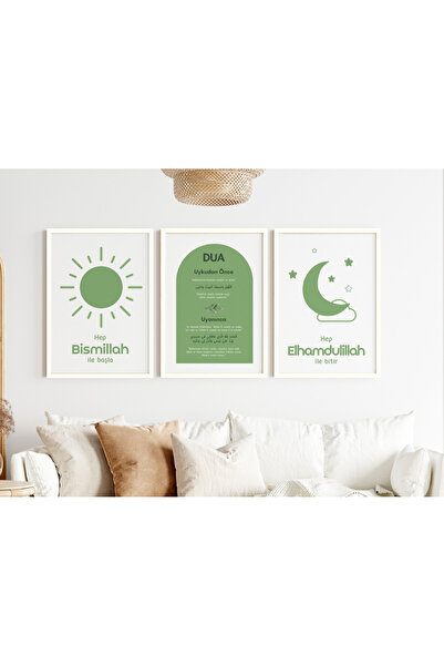 Efsa Sanat Tasarım Çerçeveli Çocuk Odası Dualı Tablo Seti - Bebek Odası Tablosu - Dualı Yeşil Tablo Seti