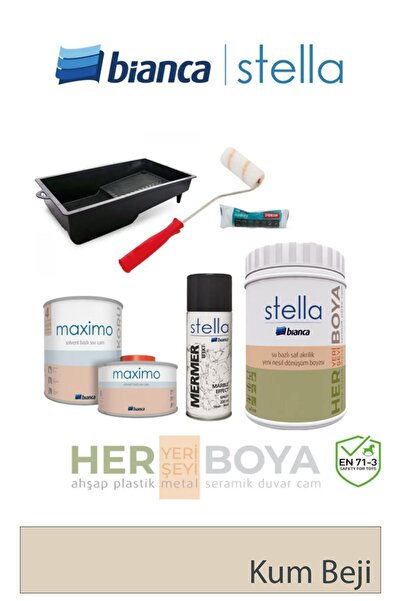 Bianca Stella Set 1 Lt - Kum Beji + Siyah Mermer Effekt Sprey + Maximo Sıvı Cam Parlak + Rulo Set