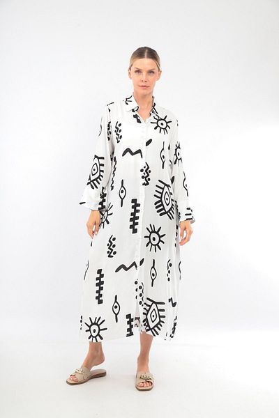 soBasic Rochie cămașă din viscoză albă - 100% bumbac, imprimeu, nasturi în față și cu fantă - STD