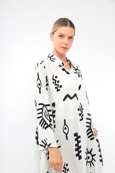 soBasic Rochie cămașă din viscoză albă - 100% bumbac, imprimeu, nasturi în față și cu fantă - STD
